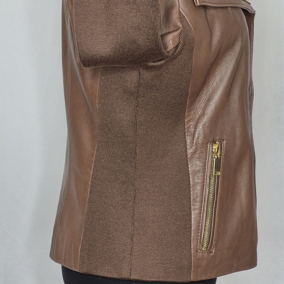 Tahari Women's Brown Lambskin Leather and Knit Zip-Front Cropped Jacket - Size M - Picture 8 of 13